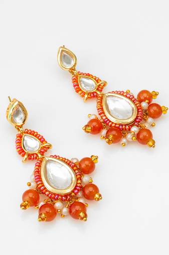 orange kundan drop earrings with beads and pearl