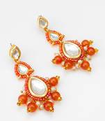 orange kundan drop earrings with beads and pearl