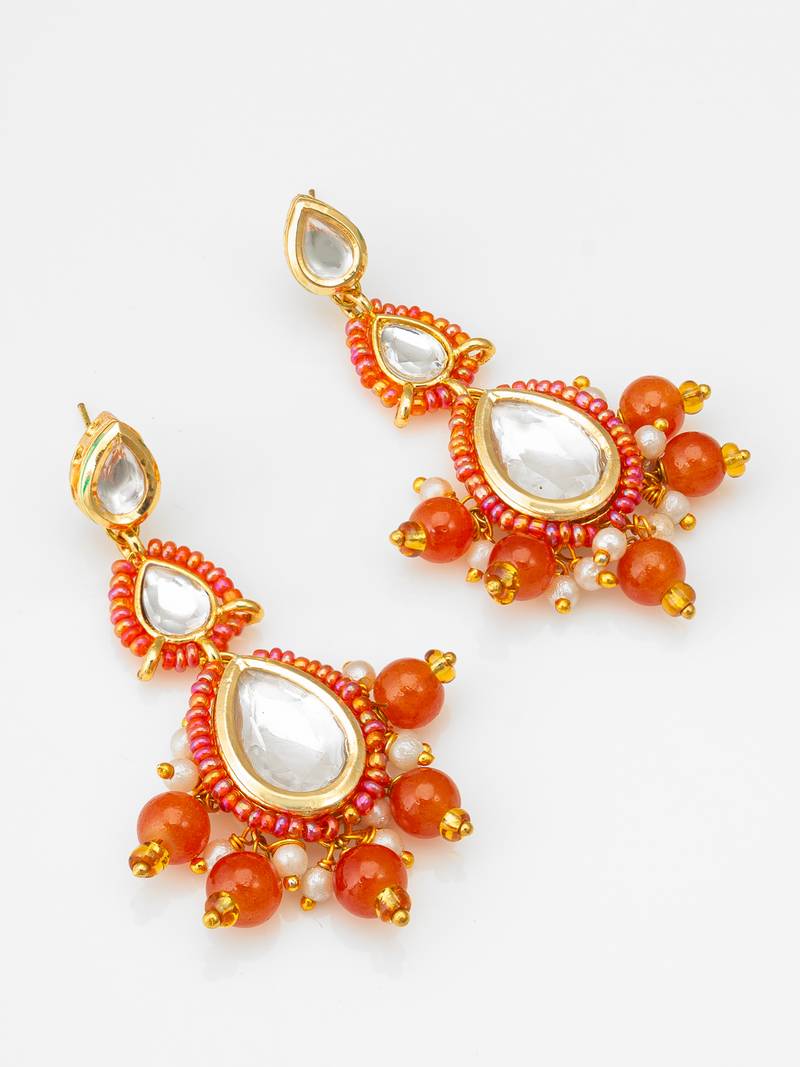 orange kundan drop earrings with beads and pearl