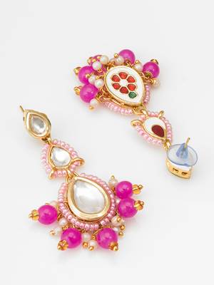 pink kundan drop earrings with beads and pearl 2