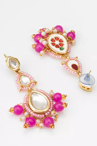 pink kundan drop earrings with beads and pearl
