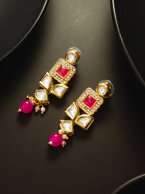 Geometric gold-plated kundan long drop earrings with pink accents and pearl beads 4