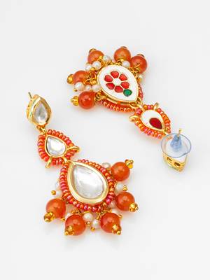 orange kundan drop earrings with beads and pearl 2