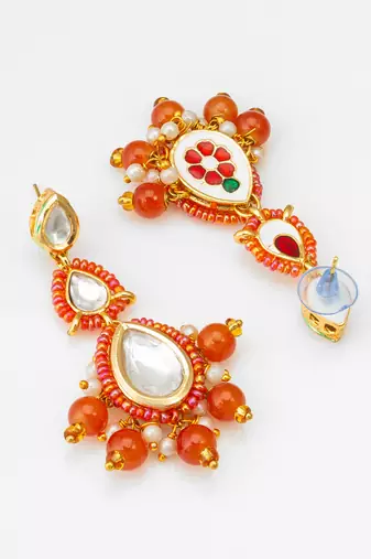 orange kundan drop earrings with beads and pearl