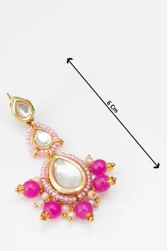 pink kundan drop earrings with beads and pearl