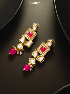 Geometric gold-plated kundan long drop earrings with pink accents and pearl beads 5