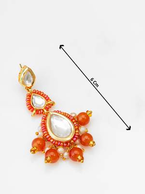 orange kundan drop earrings with beads and pearl 3