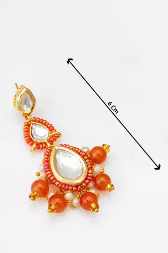 orange kundan drop earrings with beads and pearl
