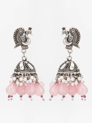 oxidized silver peacock jhumka earrings with rose pink jade-style beads and pearl clusters 1