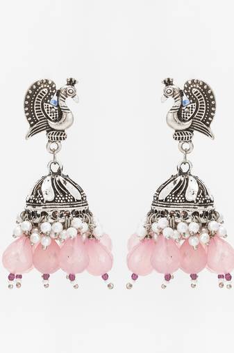 oxidized silver peacock jhumka earrings with rose pink jade-style beads and pearl clusters