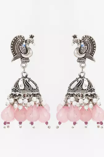 oxidized silver peacock jhumka earrings with rose pink jade-style beads and pearl clusters