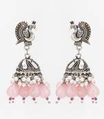 oxidized silver peacock jhumka earrings with rose pink jade-style beads and pearl clusters
