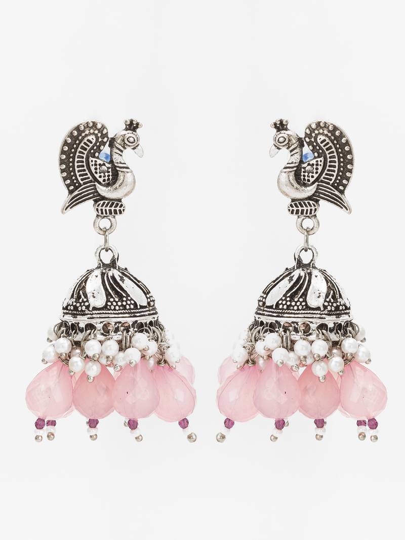 oxidized silver peacock jhumka earrings with rose pink jade-style beads and pearl clusters