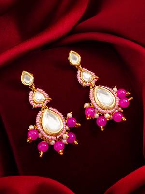 pink kundan drop earrings with beads and pearl 4