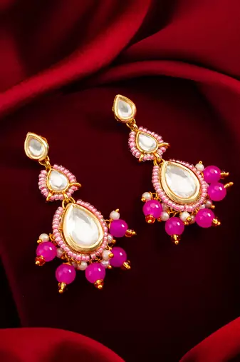 pink kundan drop earrings with beads and pearl