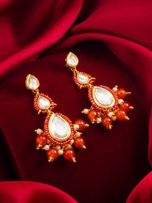 orange kundan drop earrings with beads and pearl 4