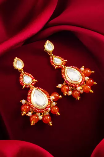 orange kundan drop earrings with beads and pearl