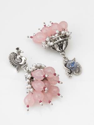 oxidized silver peacock jhumka earrings with rose pink jade-style beads and pearl clusters 2