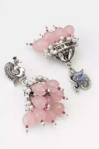 oxidized silver peacock jhumka earrings with rose pink jade-style beads and pearl clusters
