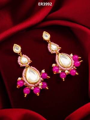 pink kundan drop earrings with beads and pearl 5