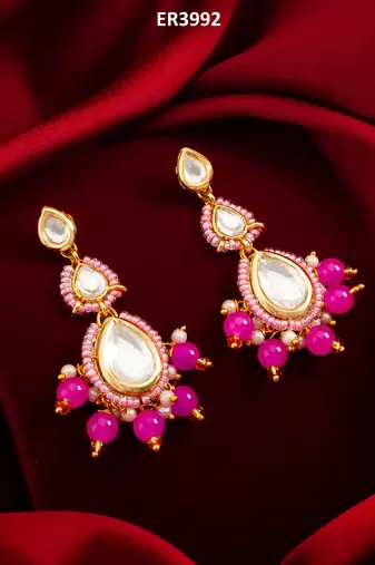 pink kundan drop earrings with beads and pearl