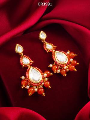 orange kundan drop earrings with beads and pearl 5