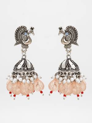 oxidized silver peacock jhumka earrings with peach crystal beads 1