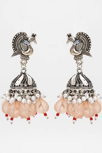 oxidized silver peacock jhumka earrings with peach crystal beads
