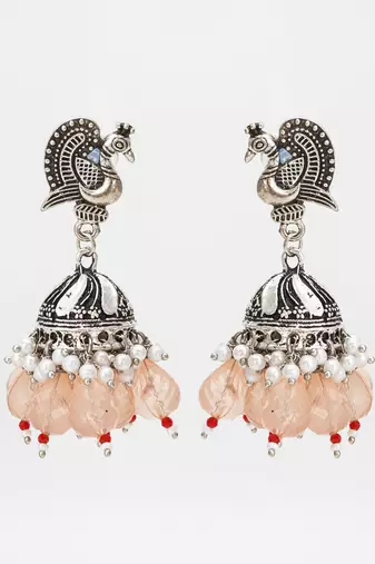 oxidized silver peacock jhumka earrings with peach crystal beads