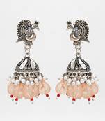 oxidized silver peacock jhumka earrings with peach crystal beads