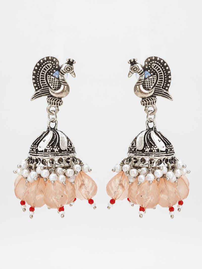 oxidized silver peacock jhumka earrings with peach crystal beads