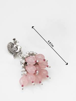 oxidized silver peacock jhumka earrings with rose pink jade-style beads and pearl clusters 3
