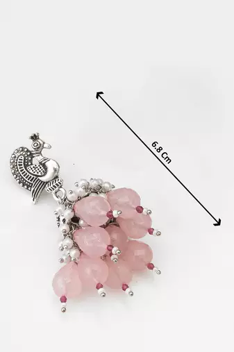 oxidized silver peacock jhumka earrings with rose pink jade-style beads and pearl clusters