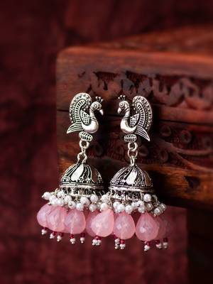 oxidized silver peacock jhumka earrings with rose pink jade-style beads and pearl clusters 4