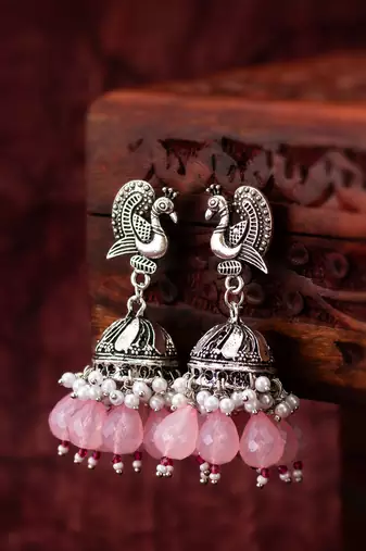 oxidized silver peacock jhumka earrings with rose pink jade-style beads and pearl clusters