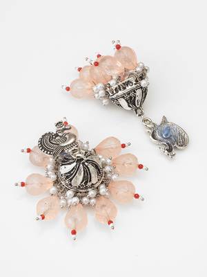 oxidized silver peacock jhumka earrings with peach crystal beads 2