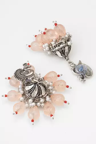 oxidized silver peacock jhumka earrings with peach crystal beads