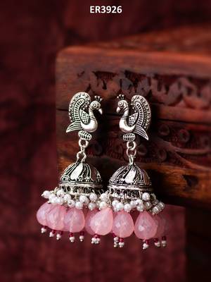 oxidized silver peacock jhumka earrings with rose pink jade-style beads and pearl clusters 5