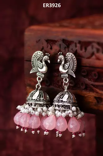 oxidized silver peacock jhumka earrings with rose pink jade-style beads and pearl clusters