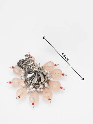 oxidized silver peacock jhumka earrings with peach crystal beads 3