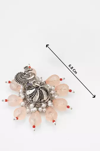 oxidized silver peacock jhumka earrings with peach crystal beads