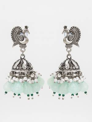 oxidized silver peacock jhumka earrings with mint green beads and pearl 1