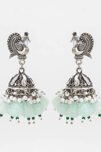 oxidized silver peacock jhumka earrings with mint green beads and pearl