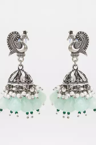 oxidized silver peacock jhumka earrings with mint green beads and pearl
