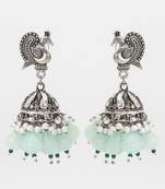 oxidized silver peacock jhumka earrings with mint green beads and pearl