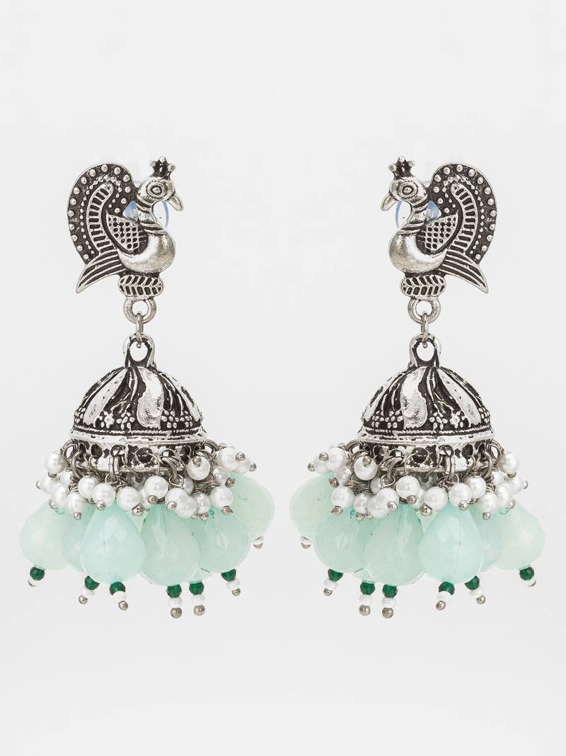 oxidized silver peacock jhumka earrings with mint green beads and pearl