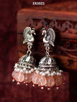 oxidized silver peacock jhumka earrings with peach crystal beads 5