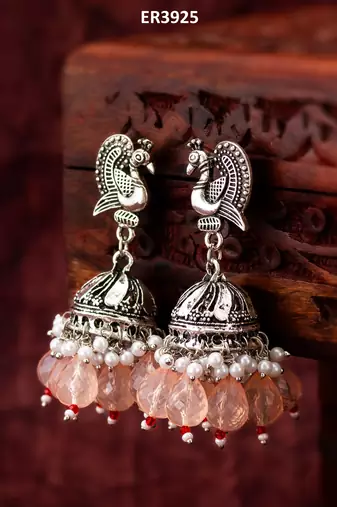 oxidized silver peacock jhumka earrings with peach crystal beads