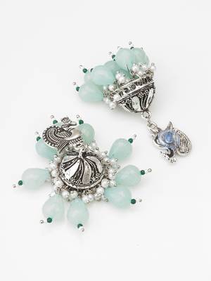 oxidized silver peacock jhumka earrings with mint green beads and pearl 2