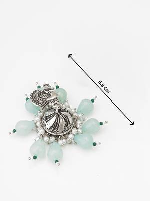 oxidized silver peacock jhumka earrings with mint green beads and pearl 3